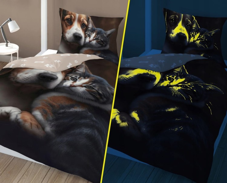 Pościel FLUO kołdra160cm x 200cm + 1 x poduszka 70cm x 80cm KOT I PIES