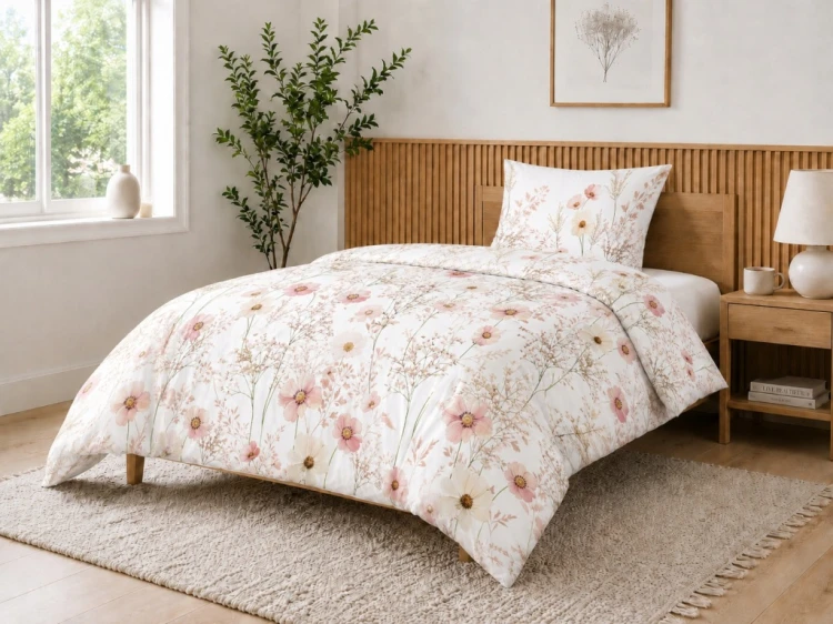 Komplet Pościeli Bawełnianej 220x200 Kwiaty 100% Bawełna + 2 Poszewki