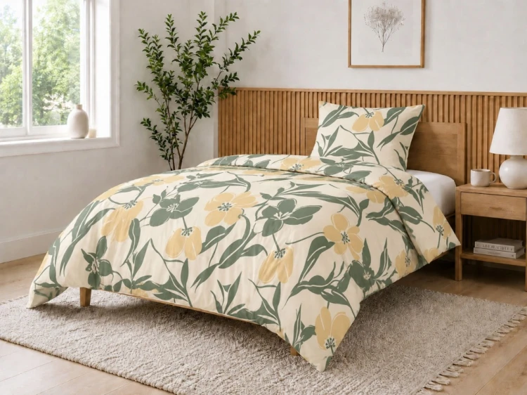 Komplet Pościeli Bawełnianej 220x200 Kwiaty 100% Bawełna + 2 Poszewki