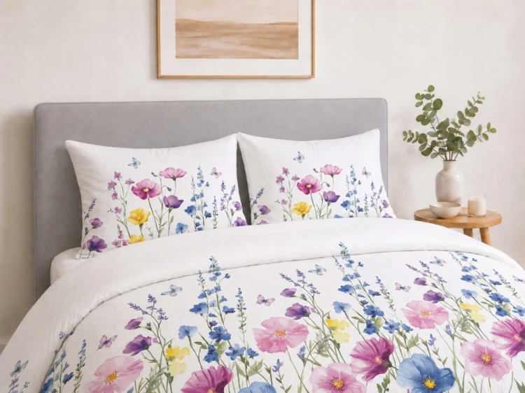 Komplet Pościeli Bawełnianej 220x200 Kwiaty 100% Bawełna + 2 Poszewki