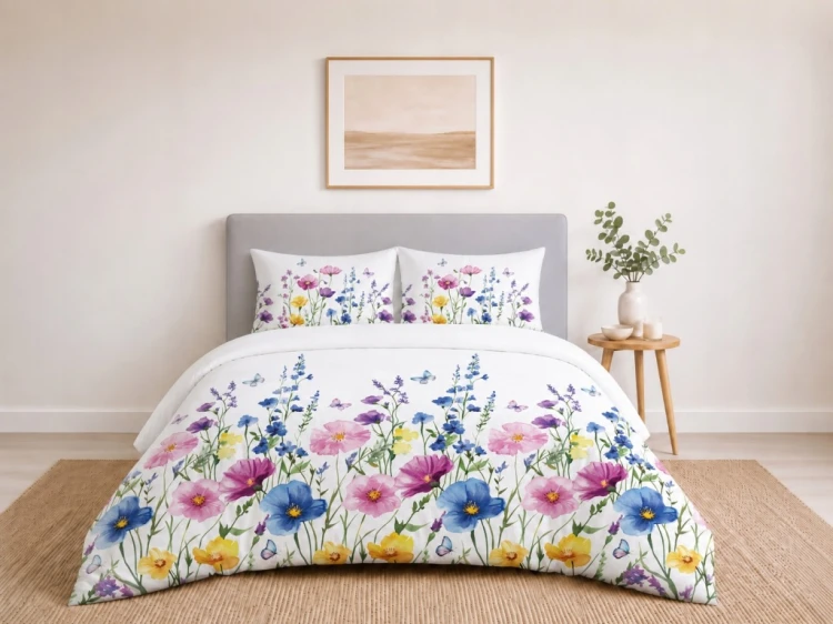Komplet Pościeli Bawełnianej 220x200 Kwiaty 100% Bawełna + 2 Poszewki