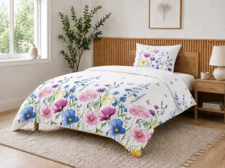 Komplet Pościeli Bawełnianej 220x200 Kwiaty 100% Bawełna + 2 Poszewki