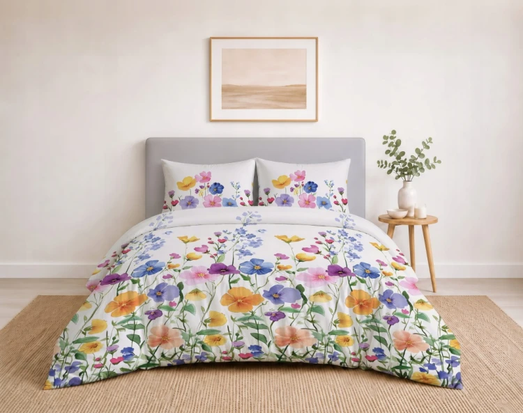 Komplet Pościeli Bawełnianej 220x200 Kwiaty 100% Bawełna + 2 Poszewki