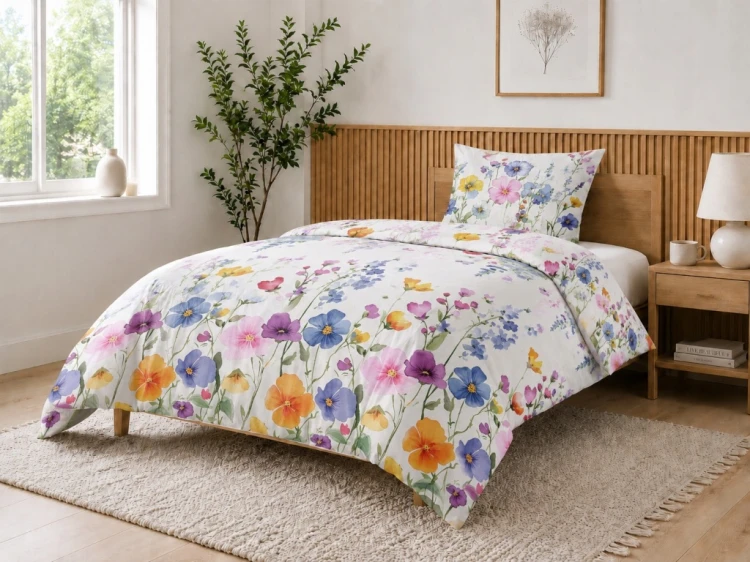 Komplet Pościeli Bawełnianej 220x200 Kwiaty 100% Bawełna + 2 Poszewki