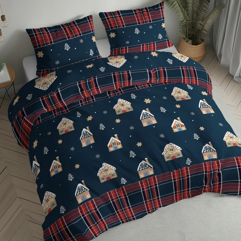 Pościel flanelowa 160x200 2X 70x80 ŚWIĄTECZNA PIERNIKOWA CHATKA 100%bawełna
