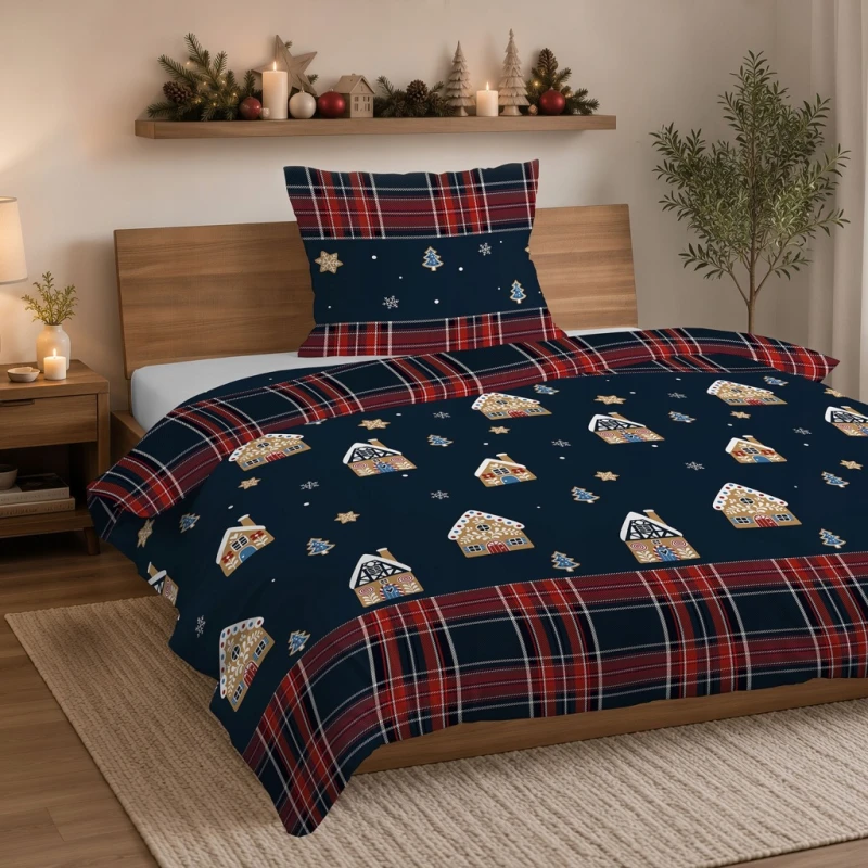 Pościel flanelowa 160x200 2X 70x80 ŚWIĄTECZNA PIERNIKOWA CHATKA 100%bawełna