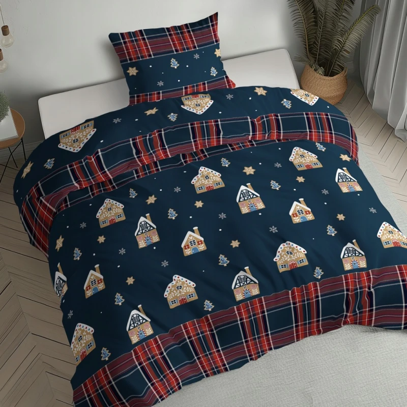 Pościel flanelowa 220x200 2X 70x80 ŚWIĄTECZNA PIERNIKOWA CHATKA 100%bawełna
