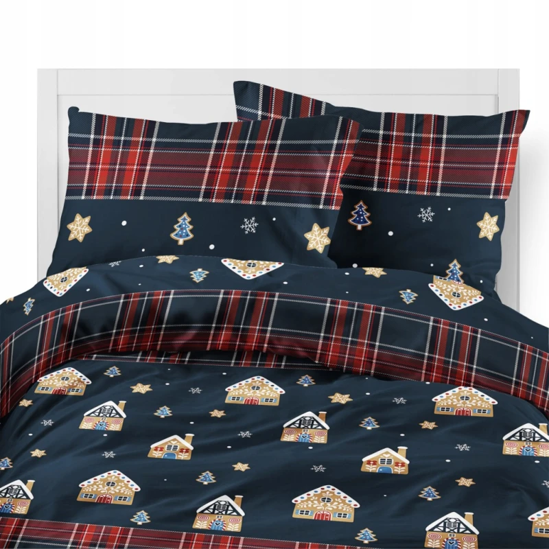 Pościel flanelowa 220x200 2X 70x80 ŚWIĄTECZNA PIERNIKOWA CHATKA 100%bawełna