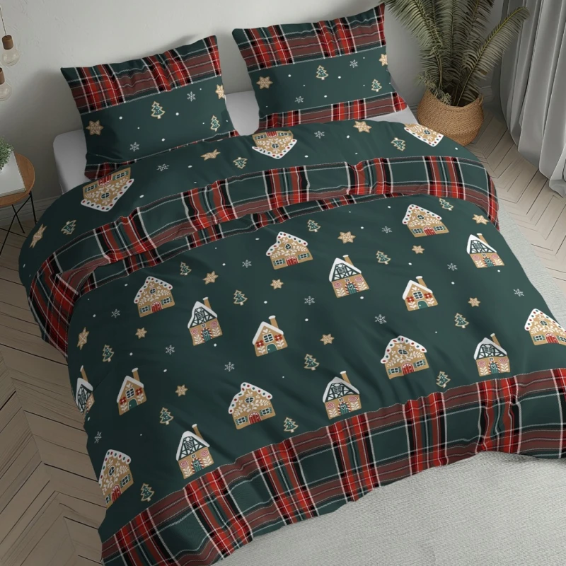 Pościel flanelowa 160x200 2X 70x80 ŚWIĄTECZNA PIERNIKOWA CHATKA 100%bawełna